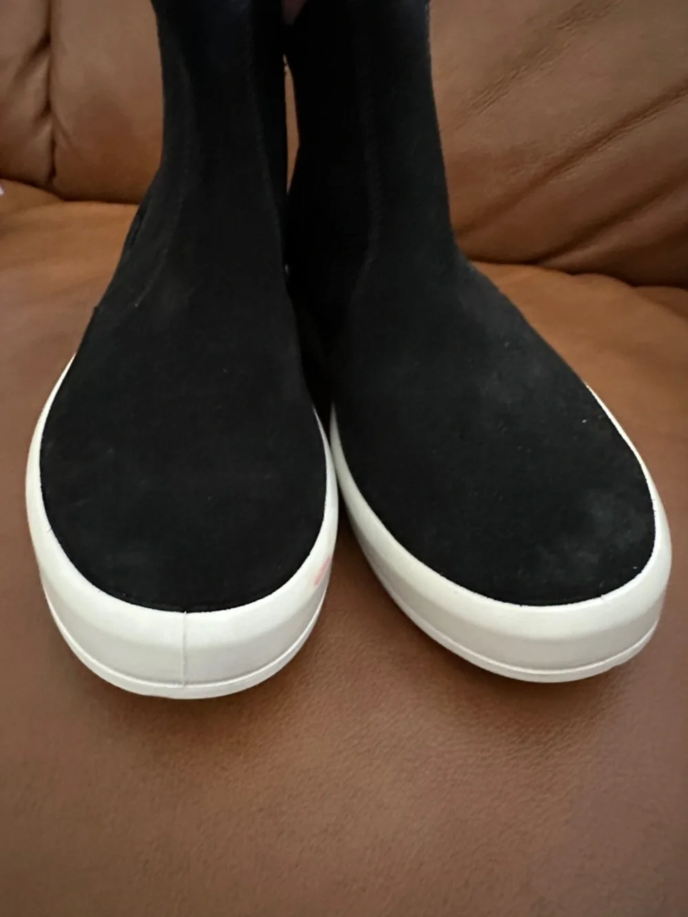Ecco EU 38 Black Suede Chelsea Bootie with White Sole